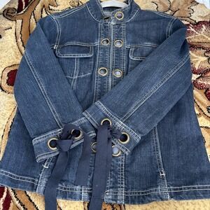 BACCINI Blue Denim Jean Jacket Womens Medium Brass Circles/ Hook & Eye Closure